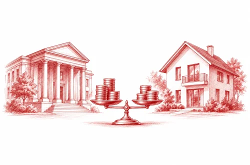 Bankgebäude und Wohnhaus mit Münzstapeln auf einer kleinen Waage.
