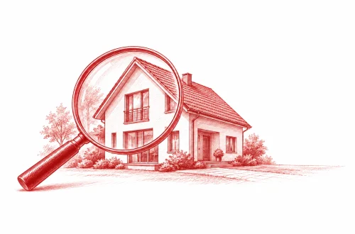 Eine Lupe vergrößert ein Wohnhaus mit Pflanzen auf weißem Grund.