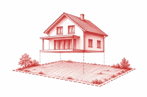 Ein Wohnhaus und das darunterliegende abgegrenzte Grundstück sind grafisch getrennt.