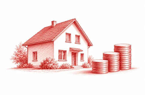 Wohnhaus neben neutralen Münzstapeln als Illustration einer Immobilienanlage.