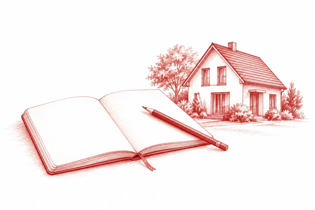 Offenes Notizbuch mit Bleistift neben einem kleinen Wohnhaus.