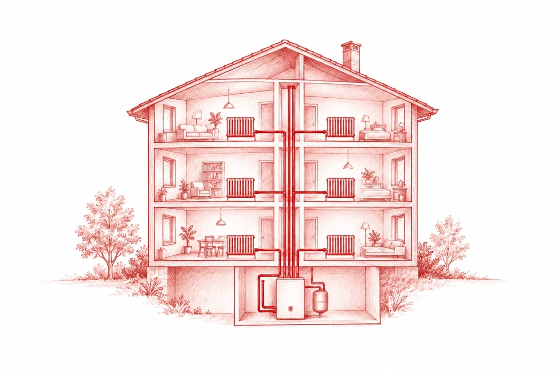Mehrfamilienhaus mit gemeinsamem Heizgerät und verbundenen Heizkörpern im schematischen Schnitt.